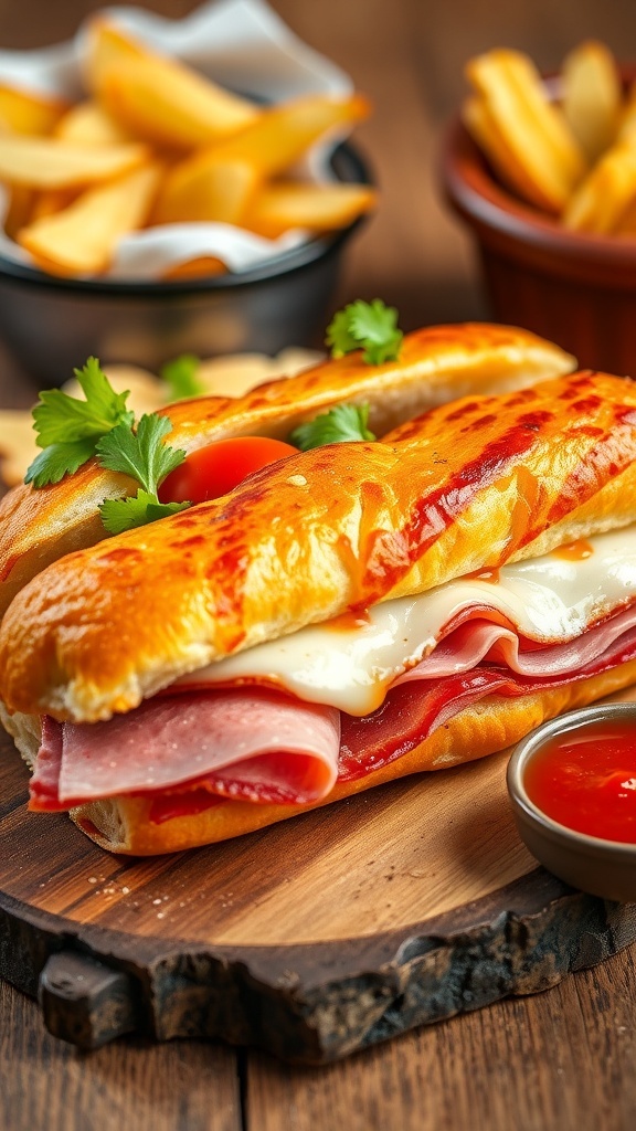 Baked Italian sub sandwich with salami, ham, pepperoni, and melted cheese on a wooden board with chips and marinara sauce.